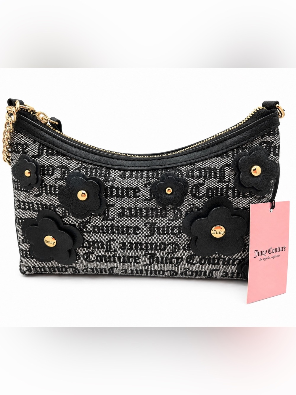 Juicy Couture Black Logo Jacquard Floral Appliqué Shoulder Bag